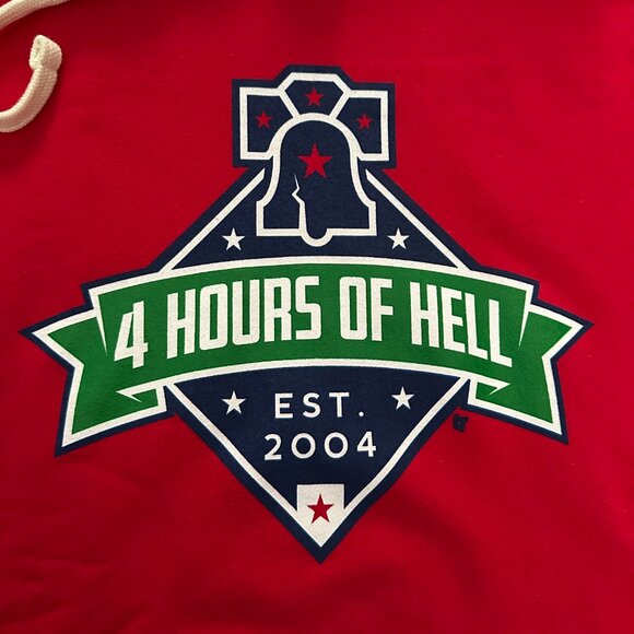 BREAKINGT (L) Four Hours of Hell Phillies Hoodie Red October CBP  Postseason MLB - Picture 4 of 9